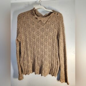 Chaps Open Knit Scalloped Hem & Collar Elegant Tan Cable Knit Sweater Sz L